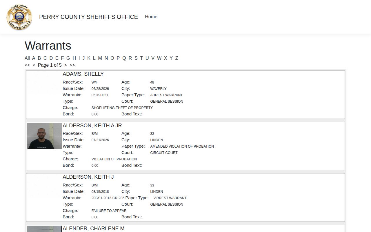 Perry County iSOMS warrant card fields