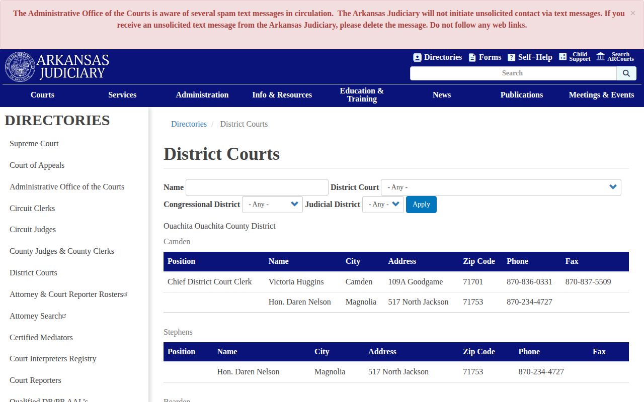 Arkansas Judiciary district court directory used after a Perry town arrest